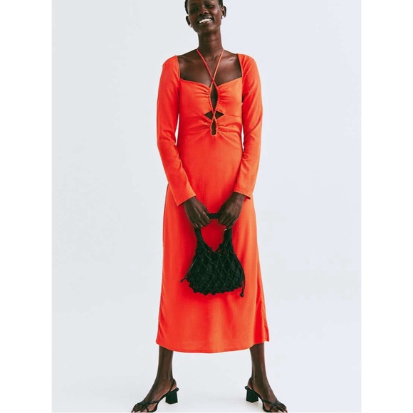 H&M Halterneck Bodycon Midi Dress Orange Red - Picture 1 of 10